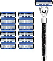 Premium Razor Handle with Crystal Gems, Chrome Finish, Blue 5-Blade Cartridge (black)