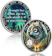 YRCKUDZKG Brave Wolf 2 Year Sobriety Coin - One Day at a Time AA Coin, Alcohol Free Two Year Recovery Chip with Token Capsule, Inspirational Sobriety Gifts for Men & Women