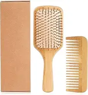 Hair Brush-Natural Wooden Bamboo Detangler Paddle Brush and Comb Set Eco Friendly Hairbrush for Women Men and Kids Thin Long Curly Hair Types and Massage Scalp(2Pcs)