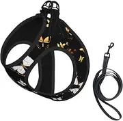 Gold White Butterflies Black print Dog Harness and Leash Set, Reflective Adjustable Puppy Vest for Small Medium Large Dogs, Cats