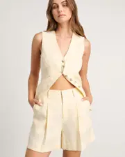 [Jag] Jag Women's Kayla Linen Pleat Shorts In Pale Lemon Yellow Size 16 16 Yellow
