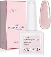 Saviland 5-In-1 Rubber Base Gel for Nails, Sheer Pink Builder Base Gel Color Gel Nail Polish Foundation Gel Strengthener Gel Nail Rhinestone Glue Gel for starters Home DIY Professionals Salon Use