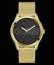 Guess Reputation Polished Gold Tone Case Sunray Black Logo Dial With Polished Gold Tone Mesh Bracelet GW0710G2