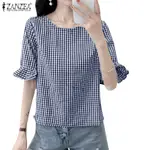 ZANZEA 女式韓國日常格紋印花半袖袖口荷葉邊圓領襯衫上衣