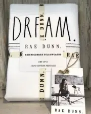 Rae Dunn Dream New White 100 % Cotton Percale Embroidered Pillow Cases Set of 2
