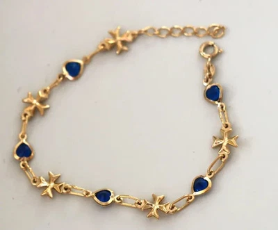 Blue Sapphire Gemstone 14K Yellow Gold Over Maltese Cross Handcrafted Bracelet