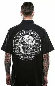 LUCKY 13 BLACK SIN GOTH CAR BOOZE BIKES BROADS TATTOO PUNK WORK SHIRT S-4XL