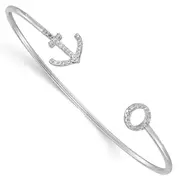 Sterling Silver Rhodium-Plated Cz Anchor Cuff Bangle