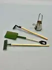 4 Piece Set Dollhouse Miniature Garden Tools Rake Hoe Shovel Watering Can Green