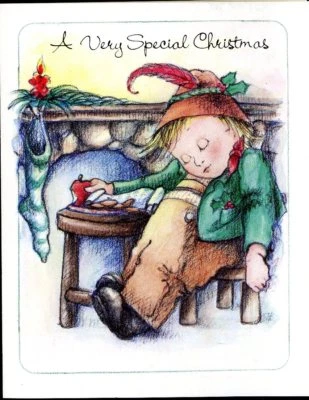 Vintage Christmas Card Stocking Fireplace Little Boy Fast Asleep Unused w/Env