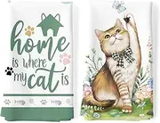 Arquiel 2Pcs Cute Cat Kitchen Tea Towels 100% Cotton Spring Hand Towels Multiple Uses Quick Dry Dish Cloth for Table, Kitchen Decor, Housewarming Gifts