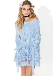 [one spo] Gingham Check Off Shoulder Dress