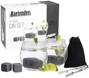 10 Piece Bartender Gin Set Glass Glasses Tongs Stones Rock Cubes Drink Chill Bar