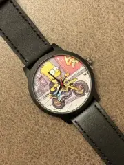 Bart Simpson Riding Motorcycle Themed Black Leather Band Wrist Watch