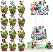 Dncvb Pack of 49 Miner Game Cake Decorations, 25 Pixel Cake Toppers + 24 Cupcake Toppers Wrappers Miner Game Cupcake Toppers Pixel Muffin Decoration for Pixel Video Game Party Decorations Birthday