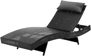 Gardeon Sun Lounge Camping Chair Wicker Lounger Rattan Day Bed, Chaise Beach Chairs Outdoor Furniture Garden Patio Setting Pool Backyard, Pillow Adjustable Backrest Black