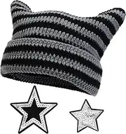 [ZOCONE] Hat with Ears, Cat Beanie, Women's Hat, Cat Ears, Knitted Hat with 2 Star Embroidery Stickers, Winter Warm, Stretchy Winter Hat for Women (Black Grey), Black Grey, 58