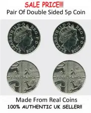 Pair of Real Double Sided 5 Pence Coin 1 Two Headed and 1 Two Tailed 5p coin