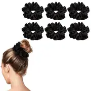 6Pcs Satin Scrunchies for Women Large Hair Scrunchy Thick Elastic Hair Ties Hair Bands Ponytail Holders-Black