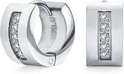 [Bling Jewelry] Unisex Channel Set 3 Row Cubic Zirconia CZ K-pop Wide Mini Hoop Huggie Earrings For Men For Women Silver Black, Rose Yellow Gold Plated Steel Stainless