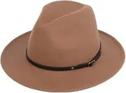 [Bamboopack] Womens Classic Wide Brim Wool Fedora Hat Panama Hat Felt Casual Hats with Belt Buckle Jazz Hat Trilby Hat (Khaki), Khaki, One Size