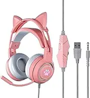 Yunseity Gaming Headset, USB + 3.5 mm Removable Cat Ear Headphones with Noise Cancelling Microphone, Gaming Headphones for PS4, Xbox One, PC, Mobile Phone (Pink)