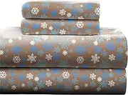 Pointehaven Heavy Weight Printed Flannel Queen Sheet Set, Snow Flakes, Tan