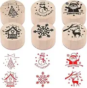 Homiliky Wooden Christmas Stamps Set, 6 pcs Round Mini Rubber Stamps, Elk Santa Snowflakes Snowman Christmas Tree Themed Stamps for Wrapping Paper, Xmas DIY Painting Scrapbooks