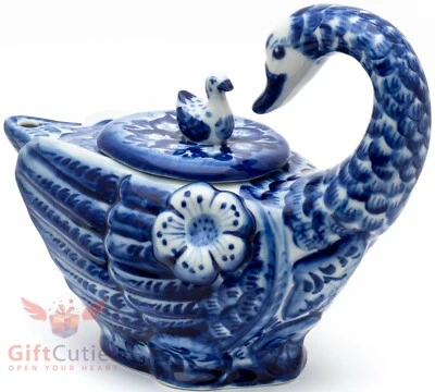 Porcelain Gzhel Swan bird teapot coffee server handmade in Russia 450Ml Гжель