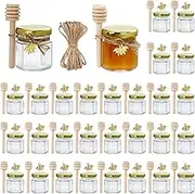 Honey Jars, 30Pcs Premium 1.5 oz Hexagon Glass Jar with Wood Dipper Gold Lid Bee Pendant Jute Rope Small Containers Bottles for Jam Candies Honey Baby Shower Wedding Par Favors