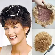 6" Short Curly Human Hair Topper with Front Bangs for Women,5.1x5.5" Large Coverage Wavy Crown Topper Human Hair Wigs Hair Piece Women Toupee Wiglet Hairpiece for Thinning Hair(Strawberry Blonde)