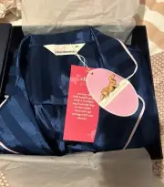 Ladies XS Peter Alexander Winter Pyjamas Navy Stripe Satin With Pink Outline