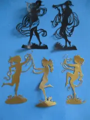 6 VTG 4" Beatrix Sherman Silhouettes NYMPHS Paper Cutting Scrap/ Gold/Black