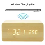 Digital Alarm Clock Table Desk Bedside LED Clock Wireless Charger Wood Clock