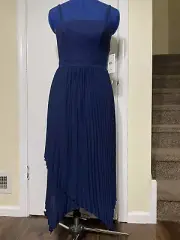 Aidan Mattox Navy Pleated Asymmetric Midi Dress Size 2