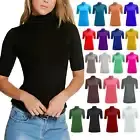 Women Ladies Short Sleeve Turtle Polo Roll Neck Plain Stretch T-Shirt Top Jumper