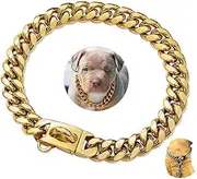 14mm Heavy Duty Chew Proof Buckle for Puppy Cuban Link Dog Collar Stainless Steel 18k Gold Dog Chain with Snap Buckle Dog tag & Bell for Puppy Small Medium Large Dogs