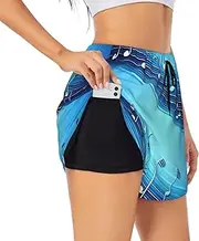 [WURTON] Sky Blue Musical Notes Print Exercise Gym Workout Shorts Women's Athletic Shorts Dual-Layered Yoga Running Shorts