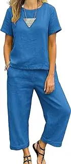 [HanZhuoAu] Women's Cotton Linen Two Piece Set Summer Solid Color Short Sleeve Linen Tops & Cropped Pants 2 Pcs Set
