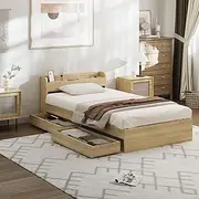 Oikiture King Single Bed Frame with Bed Head Shelf and Two Drawers Pine Wood Frame Platform Bed, Wooden
