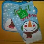 Christmas Themed "Let It Snow"- Snow Man - 2 Pot Holders -1 Towel Set New