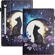 [LSPCASA] Case for Samsung Galaxy Tab S10 FE/S9 FE 10.9 Inch PU Leader Protective Case with Stand Card Slot Tablet Case for Samsung Galaxy Tab S10 FE/S9 FE - Moon Cat