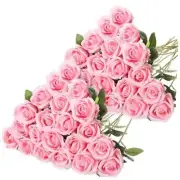 40 Pcs Rose Artificial Flowers Bulk with Long Stem, Bouquet Roses, Pink