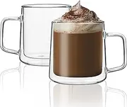 [CNGLASS] 12oz(355ml) Glass Coffee Mugs,Double Wall Insulated Glass Cups with Handle,Clear Espresso Mugs for Latte,Cappuccino,Tea Bag,Set of 2