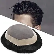 [Hywel] Toupee for Men with 100% Real Human Hair, Mono Top with Poly Coating Around Cap Mens Wig, Natural Wave Hair Pieces Replacement for Men System Off Black #1B (8 * 10 Inches)