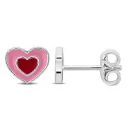 Amour Sterling Silver Pink Enamel Heart Stud Earrings