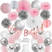 Pink White Silver Birthday Decorations Pom Poms Paper Lanterns Fans Light Pink a