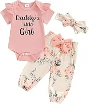 [Rtnnsbbfcm] Newborn Baby Girl Clothes Short Sleeve Letter Print Ribbed Romper Floral Pants Headband 3Pcs Clothing Set