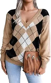Zylphorix Ladies' Argyle Pattern Pullover - V-Neck Long Sleeve Sweater with Cuffed Sleeves