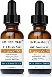 (2 BOTTLE) - BioPureMED 25.5% Vitamin CE+Ferulic Acid Serum for Face: Brightening Anti Wrinkle Serum with Tripeptide-5, Retinol, Hyaluronic Acid tns Best Korean Organic Vitamin C Serum X 2 Bottles (2 BOTTLE)
